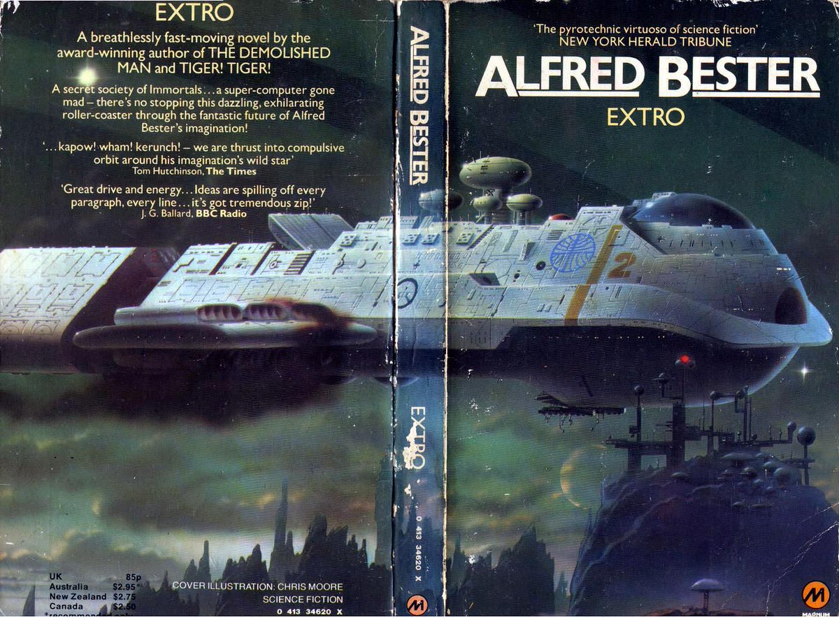Ranaroth2's tweet photo. Alfred Bester, Extro, Magnum, 1979. Cover: Chris Moore. Moore's first SF art cover. Serialized as The Indian Giver, Analog , 1974, published as The Computer Connection. #BookCover #AlfredBester #ChrisMoore #Magnum #computer #connection #extro #70sscifiart https://t.co/3oDErXER0k