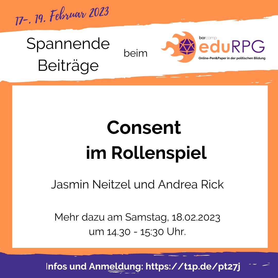 Warum ist #Consent (Einvernehmlichkeit) im #Rollenspiel wichtig? Wo findet es überall statt? Wie kann man im Rollenspiel Consent lernen und erproben?
Andrea Rick @PlotbunnyGames  und Jasmin Neitzel @TheWorstRPG stellen das Thema vor im #eduRPG Barcamp heute 14.30 Uhr vor.
#pnpde