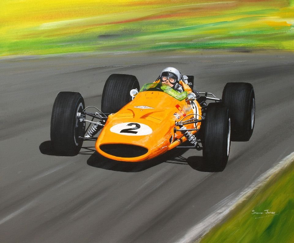 By Steve Jones. Bruce Mclaren 1968 Race of Champions Acrylic on canvas. #BruceMcLaren #McLaren #Legend #McLaren60