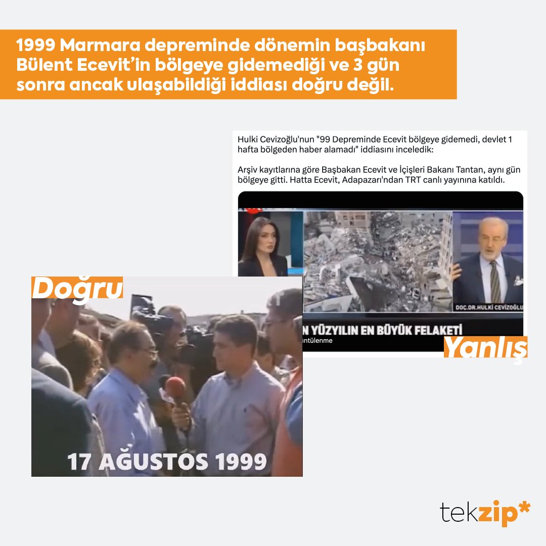 ❌ 1999 Marmara depreminde dönemin başbakanı Bülent Ecevit’in bölgeye gidemediği ve 3 gün sonra ancak ulaşabildiği iddiası doğru değil.

✅ Dönemin başbakanı Bülent Ecevit, ilk günden itibaren depremden etkilenen şehirlerde incelemelerde bulundu.