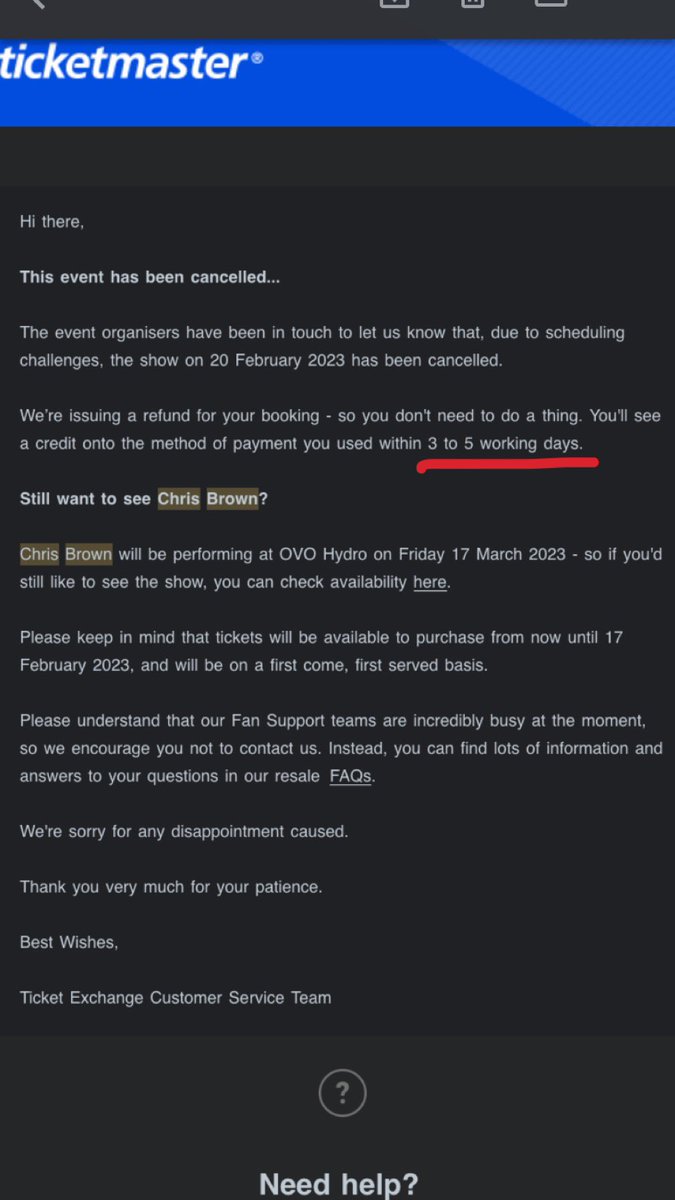 shankelly_Xx's tweet photo. @TicketmasterCS Chris Brown tickets cancelled, got the email on 10th Feb. 
OVO said refund in 3 days &amp; Ticketmaster said refund in 3-5 working days..
It’s been 8 days/5 working days and not heard anything yet
Please can someone get in touch with me regarding this? https://t.co/gxohHY9qxK