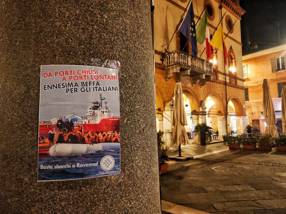 mnromagna's tweet photo. In occasione del nuovo sbarco di sabato 18 febbraio a Porto Corsini della nave Ocean Viking con a bordo 84 immigrati, i militanti del Movimento Nazionale - La Rete dei Patrioti tornano a far sentire la loro voce con l'affissione di manifesti di protesta in tutto il ravennate. https://t.co/XU4kw24BW7
