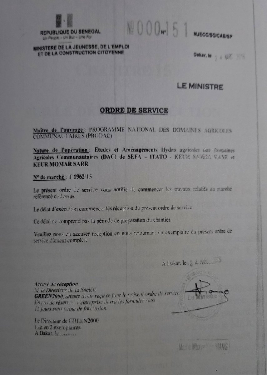 BirahimeSeck's tweet image. M. Mame Mbaye Niang, si,au Sénégal, la justice était proactive en matière de redevabilité financière, vous n’auriez sans doute pas donné d’interview. Je poste ici , pour rappel l'Ordre de service que vous aviez signé, et qui a déclenché le carnage financier opéré au Prodac.