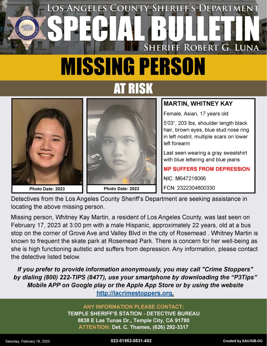 LASDHQ's tweet photo. #LASD is Asking for the Public's Help Locating At-Risk Missing Person, Whitney Kay Martin #Rosemead
https://t.co/5K2m18Li6M https://t.co/8wwwn4rw1J