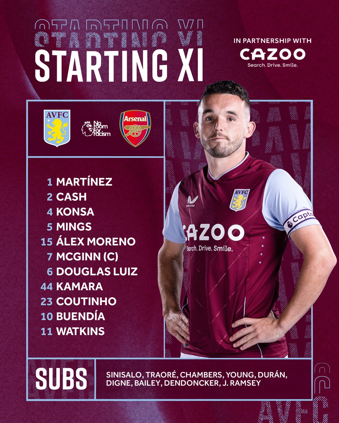 Aston Villa team to face Arsenal: Martínez, Cash, Konsa, Mings, Álex Moreno, McGinn (captain), Douglas Luiz, Kamara, Coutinho, Buendía, Watkins. Substitutes: Sinisalo, Traoré, Chambers, Young, Durán, Digne, Bailey, Dendoncker, Jacob Ramsey.