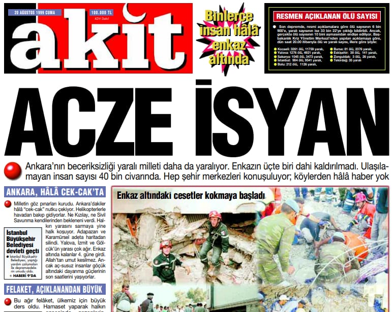 Deprem felaketinin üzerinden iki hafta geçti. Hala barınma ve ısınma sorunu var.

Eksiklikleri yapıcı bir dille aktaranlara bile iktidardan ve iktidara müzahir basından tahammülsüzlük yükseliyor.

Bakın, 1999 depreminin hemen ertesinde bu gazeteler ne manşetler atmış...