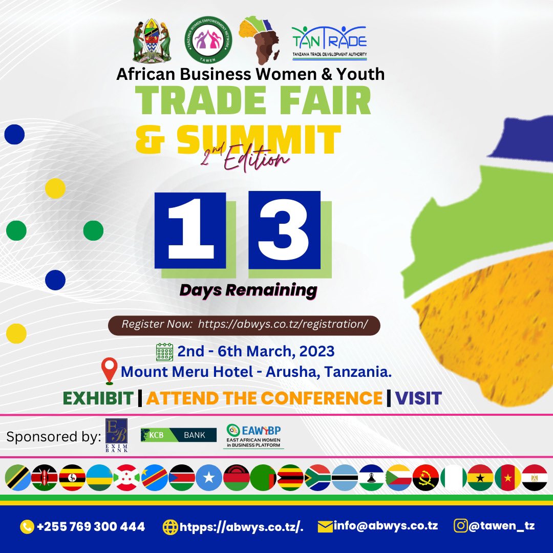We are counting days to the Summit 
Please share and let us emphasise Tanzanian business men, politicians and those who would like to join the Summit to register and pack. #abwys2023 #nunuachakwetu #sokohuru