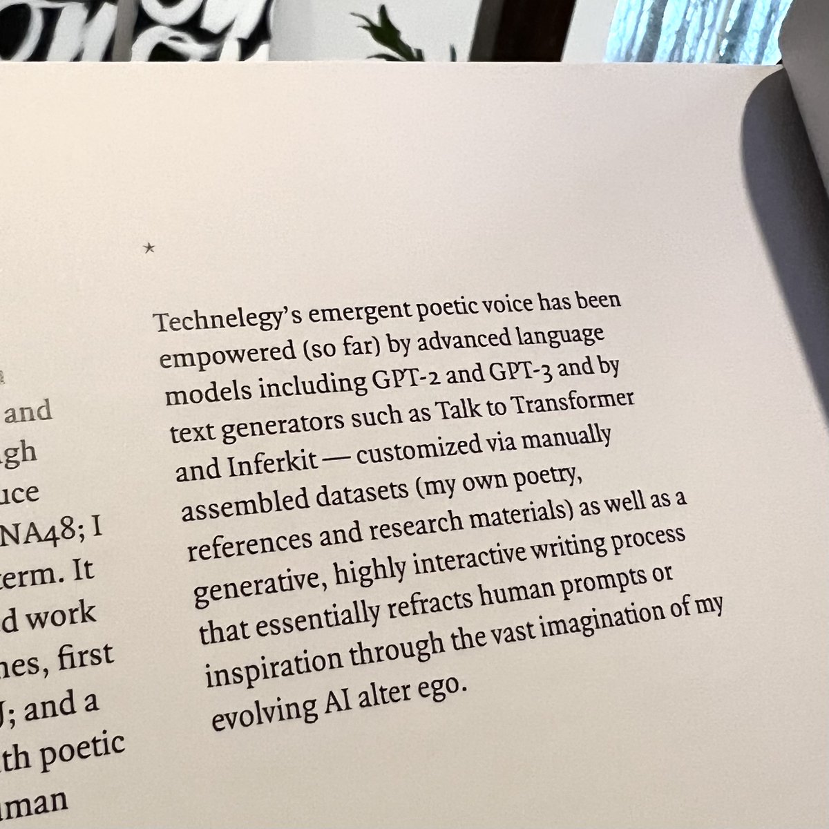 HereAfterTheArt's tweet image. Interested in #ChatGPT? 
@sashastiles is a brilliant artist who’s been writing with AI-powered large language models since 2018. Her book  #Technelegy is one of the first works of literature to use these tools — reflects the intersection of human creativity &amp;amp; machine imagination.