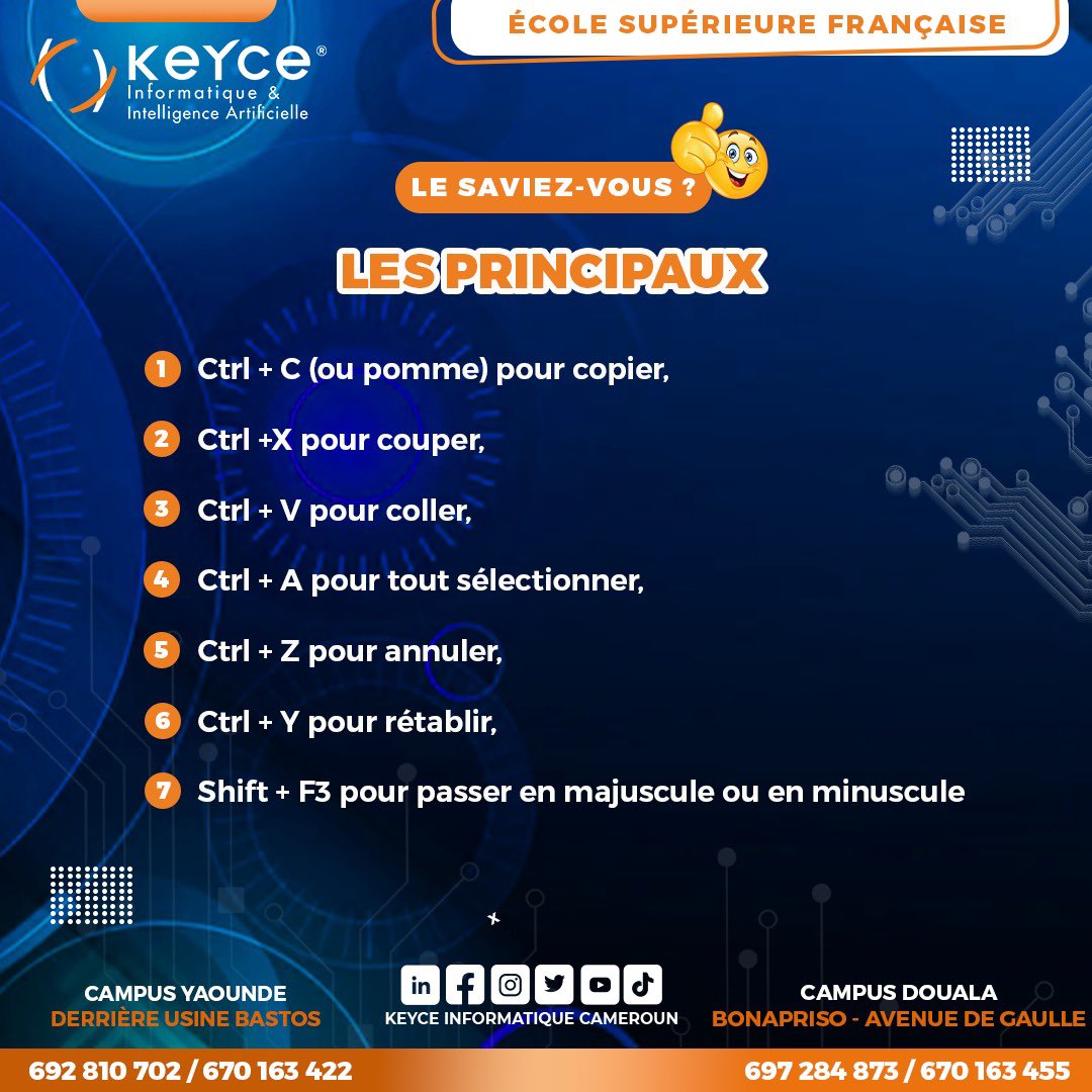 KeyceCameroun's tweet photo. [Le saviez-vous]

Voici quelques raccourcis clavier qui pourraient vous être utiles 

Alors les connaissais tu ? 🤔
Si tu en connais d’autres drop les mois en commentaire 💯

#lesaviezvous #tips #tipsinformatique #astucesinformatiques #astuces #informatique #ia #keyceinformatique https://t.co/vYV1IlN94s