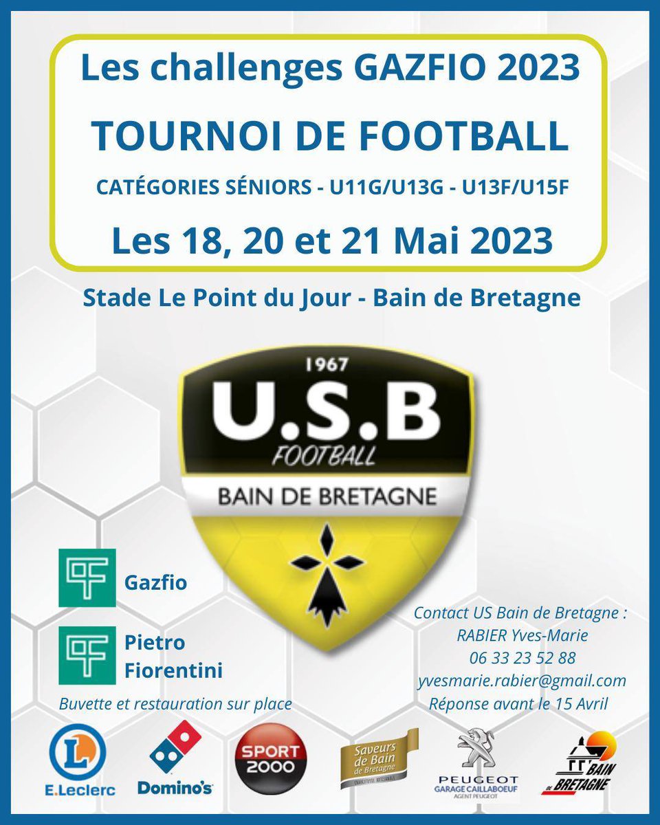 [TOURNOI] Challenges GAZFIO 👊

L’US Bain de Bretagne avec les challenges GAZFIO ! 😉

Les 18, 20 et 21 mai 2023 ! 👊

#allezusb 🟡⚫️💪