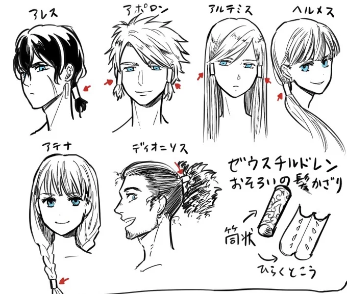これに気づいていただけるとは!嬉しいです!ゼウスチルドレンお揃いの髪飾りや服装設定は連載でもこっそりいきてます(1枚目画像は2018年神話創作始めた頃に描いた設定絵、2枚目はコレー(ペルセポネ)の髪飾りの有無) https://t.co/ZQAJTBK9pf 