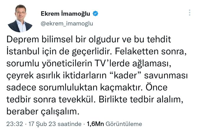 Ne yapsın onlarda felaket varken gidip balıkçıda kafa çekemiyorlar, insanda olan bir duyguyu dışa vuruyorlar.

Deprem bütçesini, reklam bütçesinin yarısı kadar bile yapamayanlar tedbirden projeden bahsetmesinler.