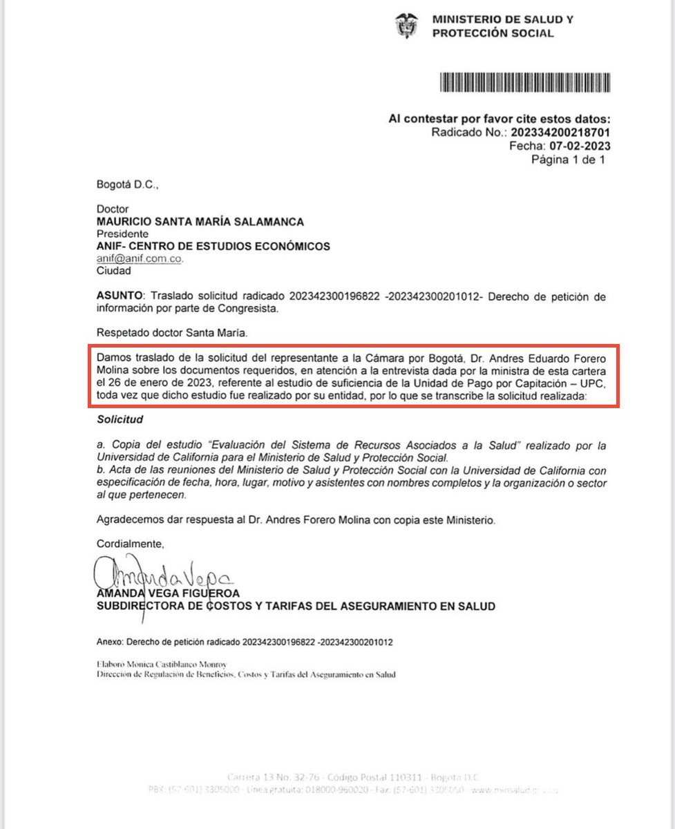 .<a href="/carolinacorcho/">Carolina Corcho</a> sigue sin entregarme copia del estudio que según ella concluye la suficiencia financiera de la UPC.

Ahora descaradamente me remite a <a href="/ANIFCO/">ANIF | Centro de Pensamiento Económico</a>, a pesar que según ella el estudio iba dirigido al <a href="/MinSaludCol/">MinSalud Colombia 🇨🇴</a>.

¿Qué oculta la ministra? ¿Le mintió otra vez al país?