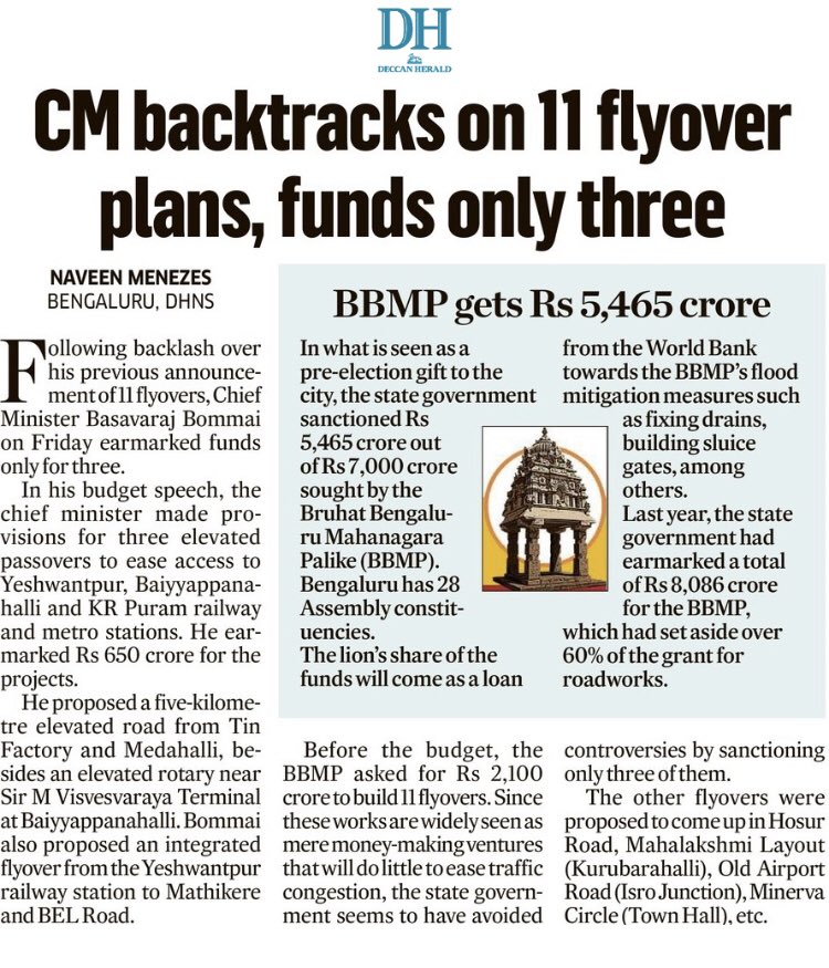 naveenmzs's tweet photo. CM Basavaraj Bommai backtracks on the eleven flyover plans, which he announced earlier. The Friday Budget promises funds only for three flyovers.
No funds for flyovers proposed at Minerva Jn, Hosur Road, Wind Tunnel Road etc. https://t.co/p6ojJIXTaL