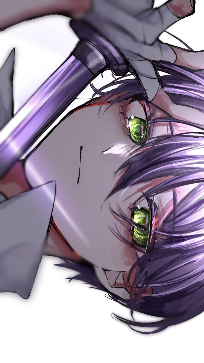 solo green eyes sideways holding purple hair white background weapon  illustration images