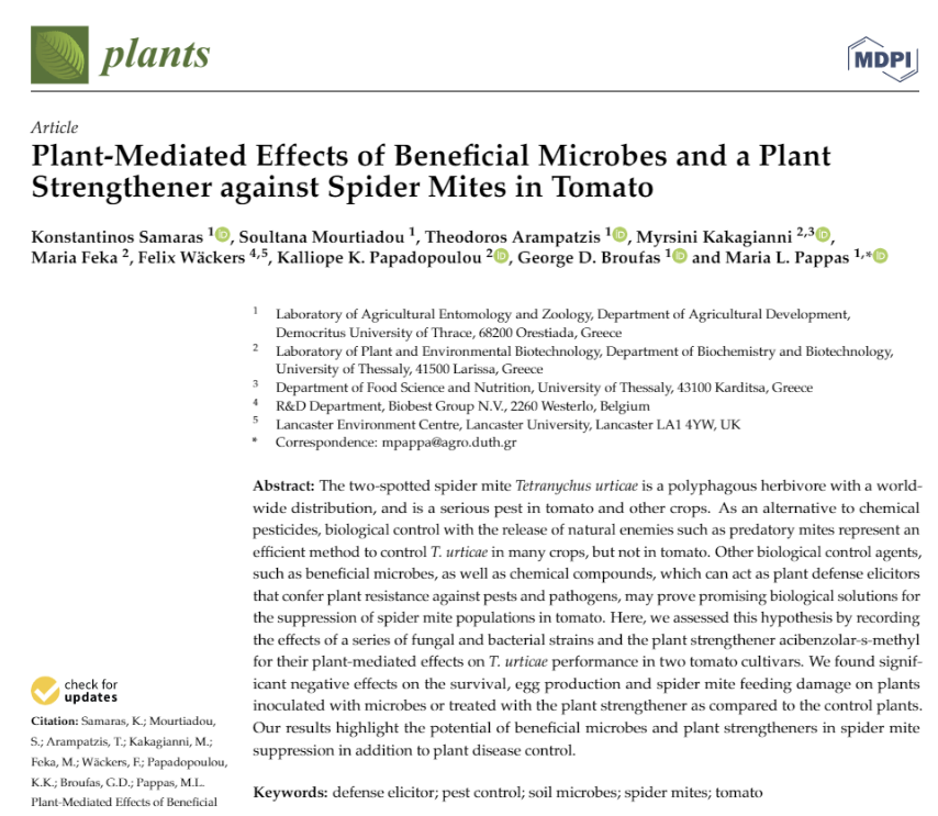 New BeMOST publication on the Plant-Mediated Effects of Beneficial Microbes and a Plant Strengthener against Spider Mites in Tomato is out!
Full article here: mdpi.com/2146164 <a href="/Plants_MDPI/">Plants MDPI</a> <a href="/PopyPapad/">Popy Papadopoulou</a> <a href="/GBroufas/">George Broufas</a> <a href="/SKonstadinos/">Samaras Konstadinos</a> <a href="/FekaMaria/">Maria Feka</a> <a href="/maria_pappas/">Maria Pappas</a> <a href="/ELIDEK_HFRI/">Hellenic Foundation for Research & Innovation-HFRI</a>