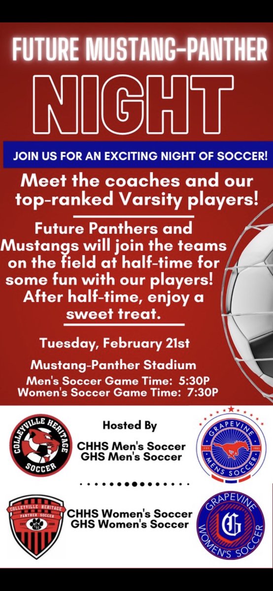 Coach_AMart's tweet photo. The staffs and players of @GHS_MensSoccer @_onemustang @CHHS_LPSoccer @CHBSoccer want to invite the community out to our second round of district doubleheader this Tuesday at Mustang-Panther! It’s also Future Mustang-Panther Night so the kids will have their time to join the fun! https://t.co/JXCL5AMDSh