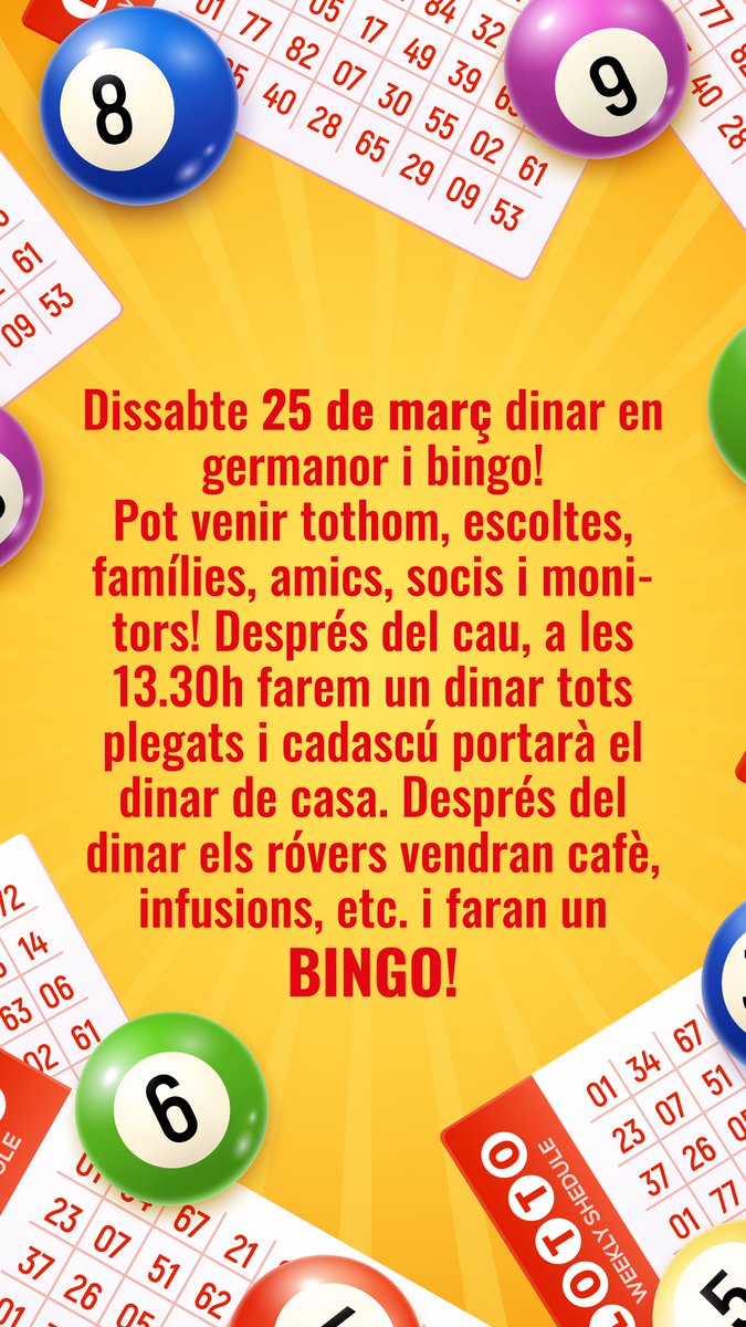 Reserveu-vos el 25 de març perquè els róvers de l'AECH han preparat un Bingo! Dinarem tots junts a l'escola i gaudirem d'una bona tarda amb tot l'agrupament.