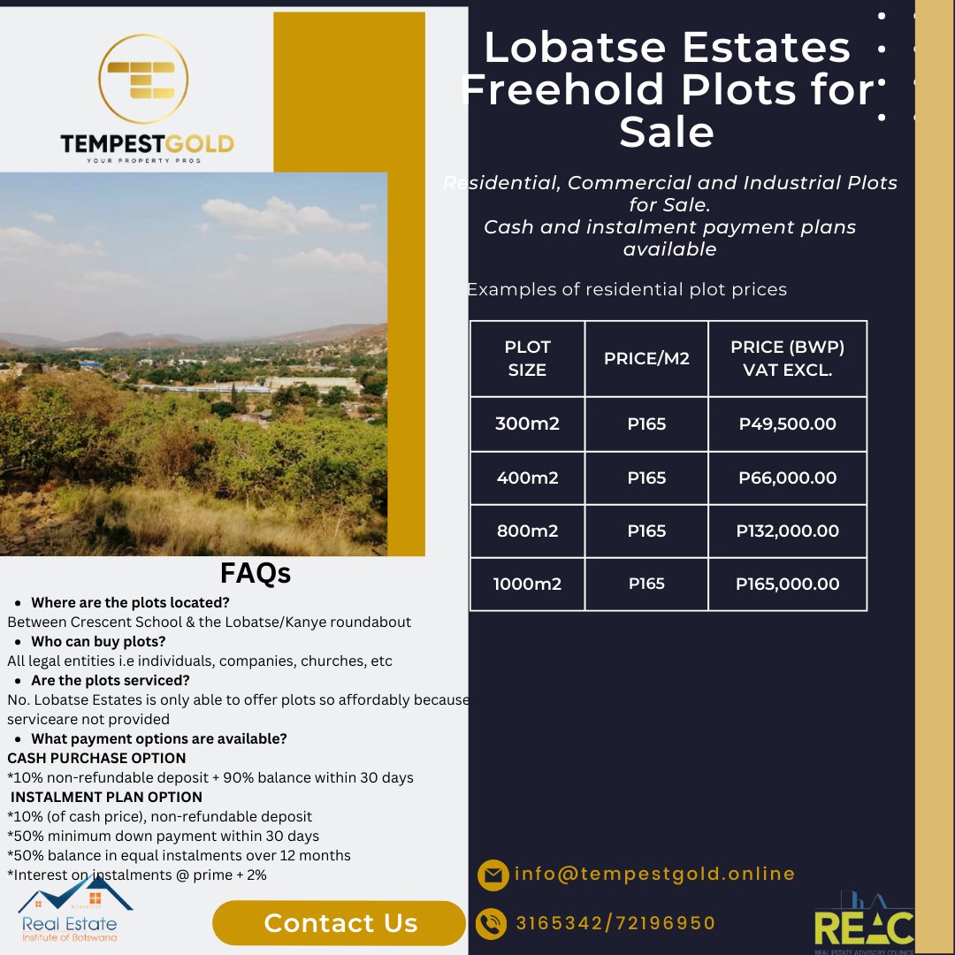 NeltahMosimane1's tweet photo. Many Batswana struggle with investing in property as they cannot afford it. Lobatse Estates offers one of the most affordable plots for the average Motswana.
Choose from a wide array of residential, commercial, industrial and civic plots.
Contact us at 72196950 (WhatsApp too). https://t.co/h0jcOLNpHi