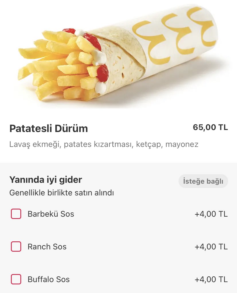 Yükselen fiyatlarla baş edemeyen Mc Donalds, sadece Türkiye’ye özel olarak patates dürüm satmaya başladı. 40 lira olarak satışa sunulan menü, eve serviste 65 lira artı kola toplamda 80 TL oluyor. Lavaş ekmeği, patates kızartması, ketçap ve mayonez… #McDonalds