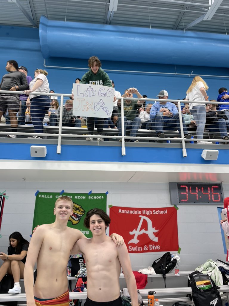 Nothing can stop team spirit!! Jax and Thomas are preparing for their 100 backstroke with the support of Teammate Leo Miracle! #wearefc <a href="/FCjagsathletics/">FC Athletics</a> <a href="/FallsChurchHS/">Falls Church HS</a> <a href="/FCHS_Boosters/">FCHS_Boosters</a>