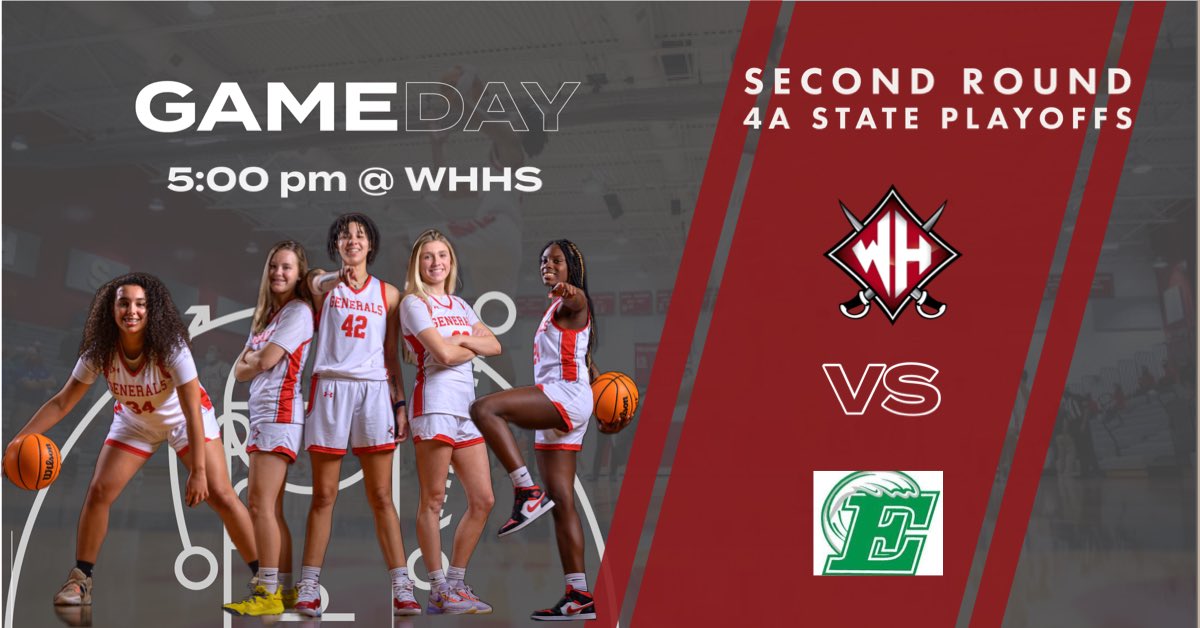 Lady Generals 

🏀GAMEDAY🏀
📅 February 18th
🆚 Easley
⏰ 5:00
📍 John Ross Gymnasium (WHHS)
📌4A-Second Round Playoff Game

Tickets are $8 on GoFan or at the door. Doors open at 4:00. Only SCHSL passes will be accepted.