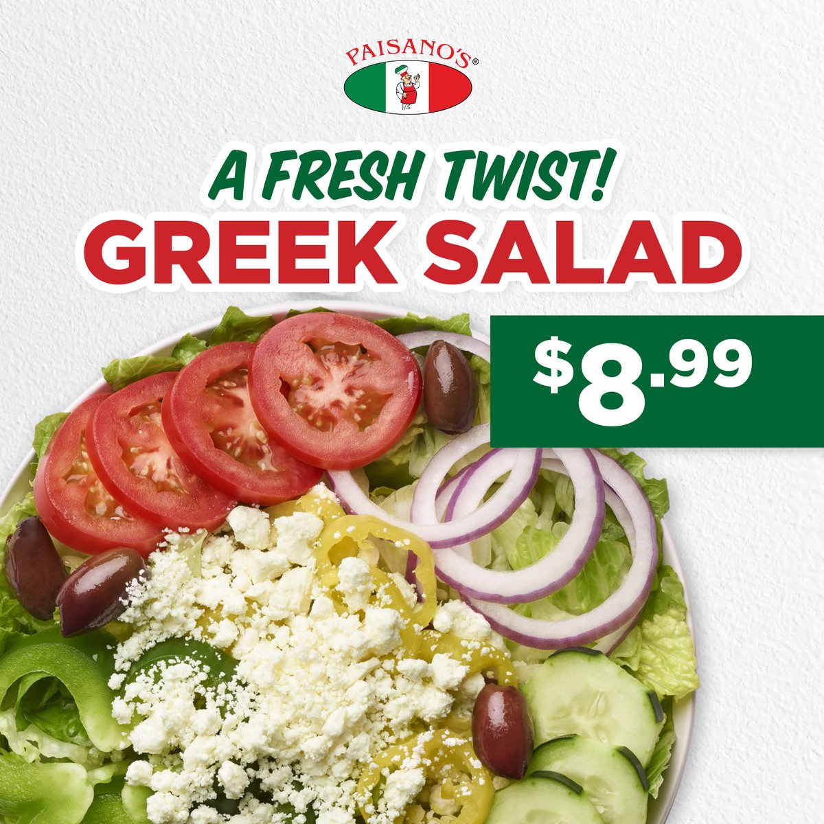 Our Greek Salad is a Fresh salad that you will love! 🥗 Made with crisp lettuce, feta, cucumber, tomato, banana pepper, green pepper, Kalamata olives, red onion & house dressing; our Greek Salad is the way to go!🥗 Order now 📲 PaisanosPizza.com