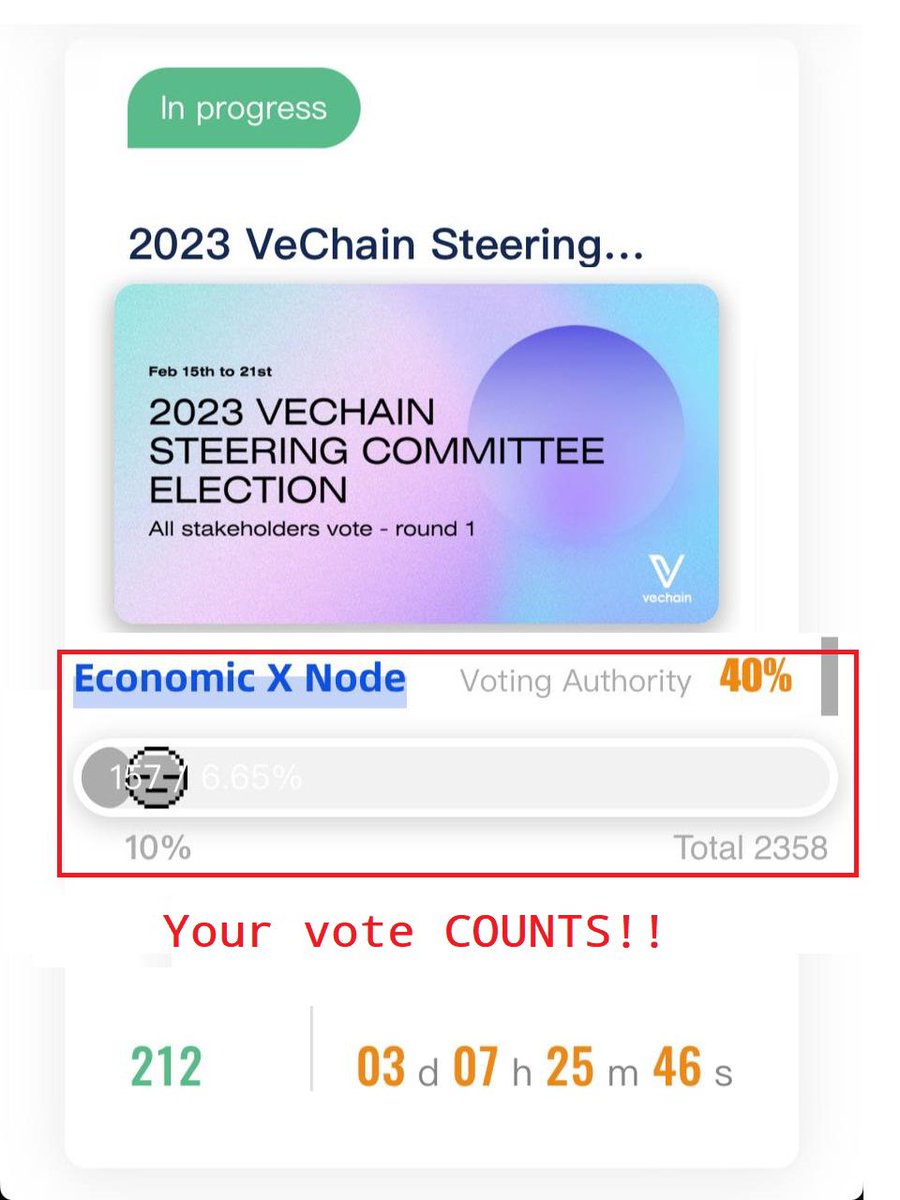 XNodes your voice needs to be heard! 

If we don't reach at least 236 votes our effort will be vanished 

Head over to vevote.vechain.org/stakeholdersDe…

Keep in mind we have 3 candidates in our group who could represent us 

- Dimitris Neocleous
- Brett DiNovi
- Mario Micklisch

$VET