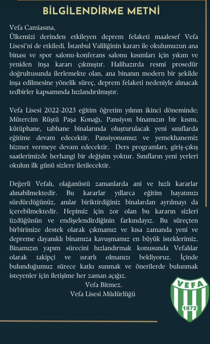 #vefalisesi ana binası için yıkım kararı çıkmış. Müdürlük yeniden inşa döneminde destek bekliyor.