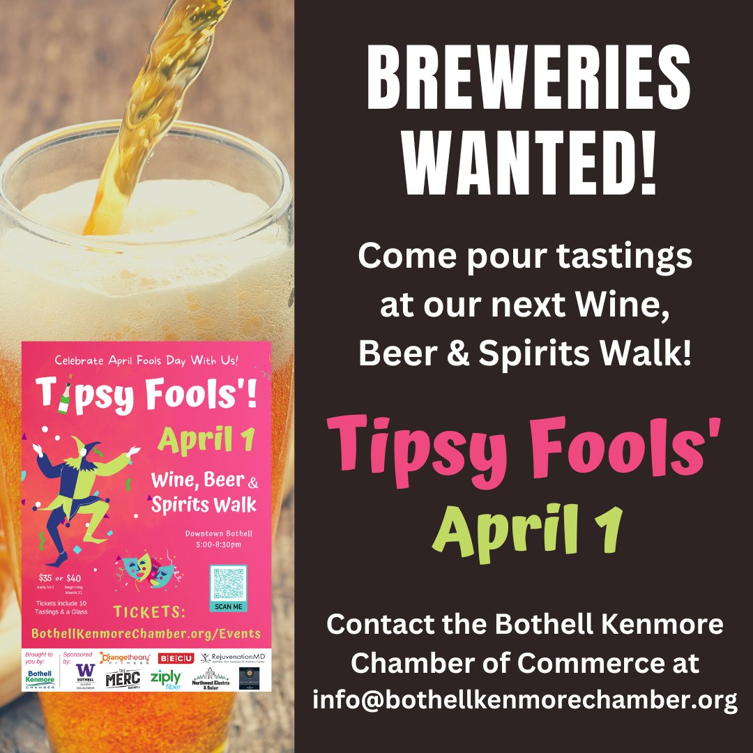 BothKenChamber's tweet photo. We only have a few openings left for breweries to pour tastings at our Tipsy Fools' Wine, Beer & Spirits Walk in Bothell! Join the fun!
Email us for details at info@bothellkenmorechamber.org
.
#wabreweries #wabeers #seattlebeer #pnwbeer #breweries #craftbeer #beertasting https://t.co/tHdaA9Ubnk