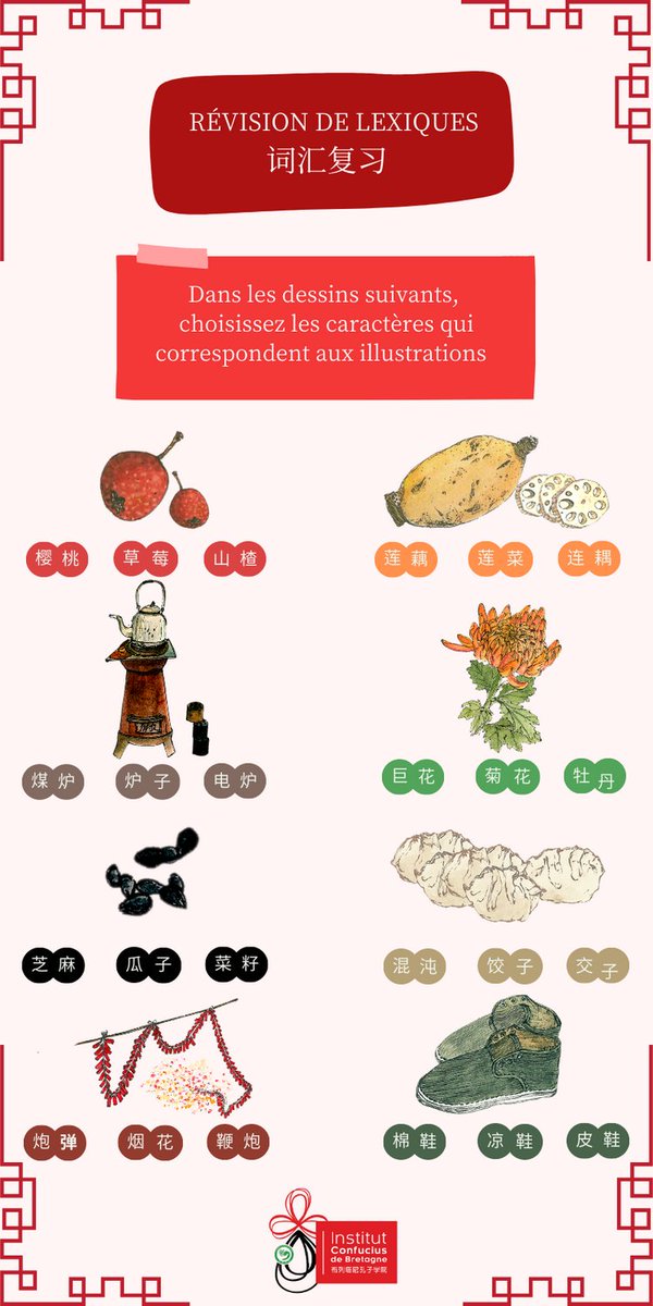Après quelques mois d’études, c’est le temps des révisions du lexique grâce à Guo Yi (郭毅) 👨🏻‍🎓

Yi est stagiaire depuis septembre et il se cache derrière toutes les illustrations des lexiques ✍️

Pour les révisions, il a choisi 8 mots. Saurez-vous vous souvenir de tous ?