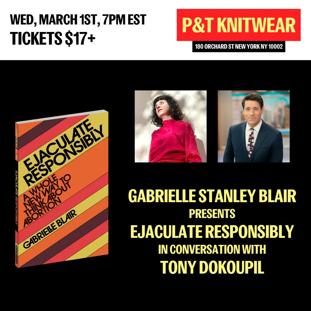 P&amp;T is delighted to host <a href="/designmom/">Gabrielle Blair</a>, in conversation with <a href="/CBSMornings/">CBS Mornings</a> co-host <a href="/tonydokoupil/">Tony Dokoupil</a>, on 3/1 for a whole new way to talk about abortion with her new book EJACULATE RESPONSIBLY (<a href="/WorkmanPub/">Workman Publishing</a>)!

Get your tickets here: buff.ly/3IzJQKr