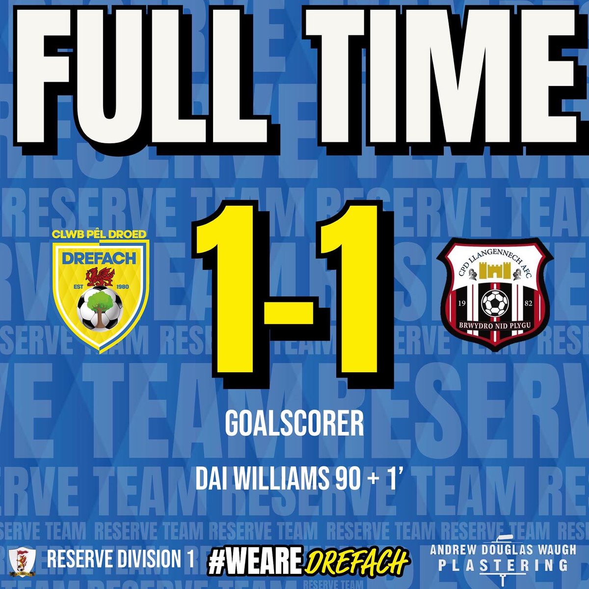 CPDDrefach's tweet photo. A last minute equaliser earns us a well deserved draw against @llangennechafc - Disappointed not to win and thank you to Llangennech for calling back to the club👏🏻

@ADWPlastering MOTM: @Dai007David🔥

🟡🔵 | #WeAreDrefach #NiYwDrefach https://t.co/ib1YSY1yLW