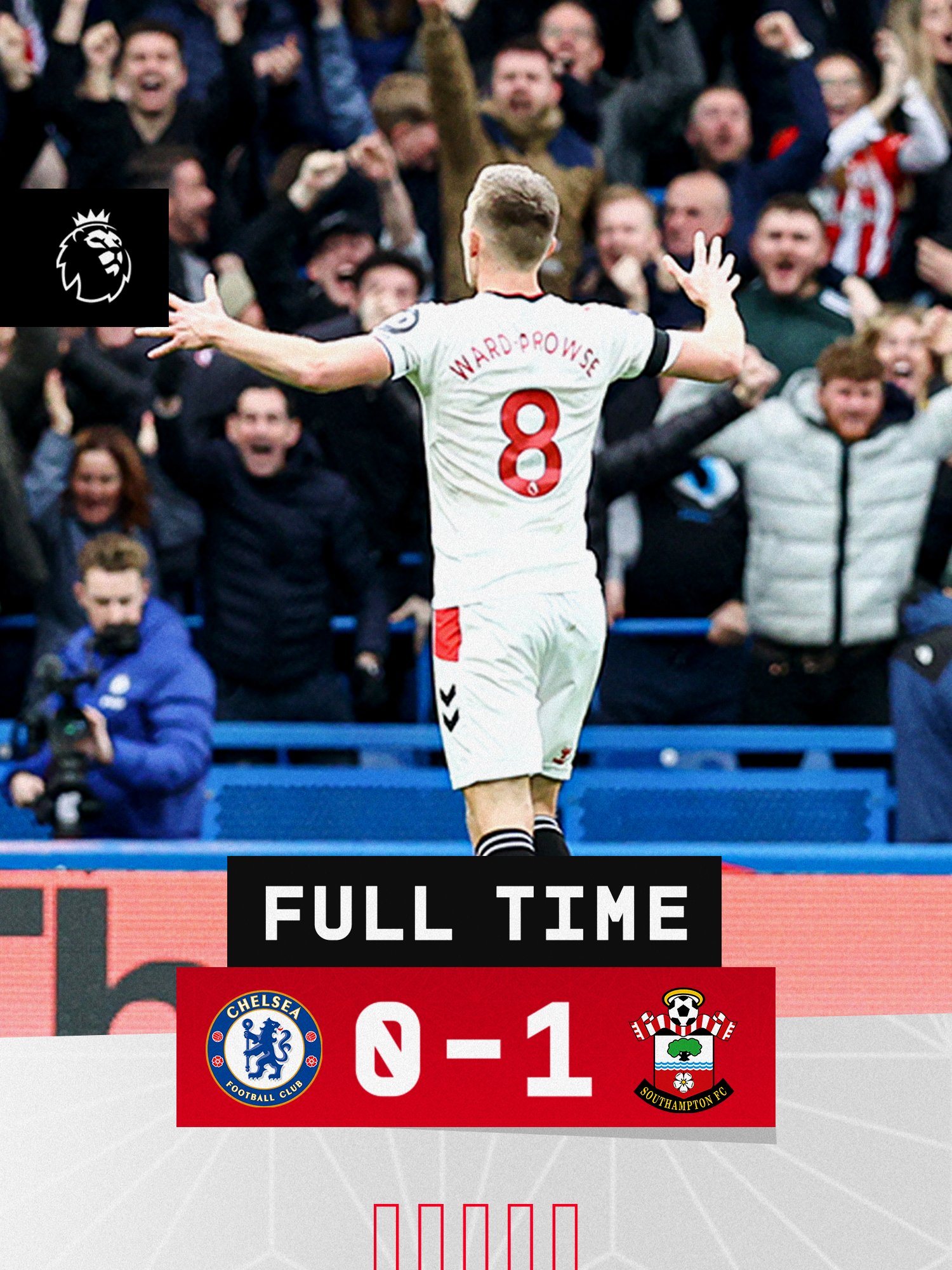 Full time: Chelsea 0, Southampton 1. The score graphic shows James Ward-Prowse celebrating in front of the Southampton fans with his arms stretched wide following his goal.