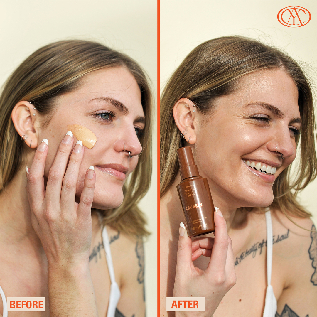 Before VS After 🤩

#CaySkin’s Isle Glow Face Lotion with SPF 45 and Niacinamide is:

❌Silicone-free. 
👩‍⚕️Dermatologist Tested. 
✅Non-comedogenic. 
🐇Vegan. 
🤍Safe for sensitive skin. 
🤩Non-irritating and safe to use around the eyes.

Visit the 🔗 in o