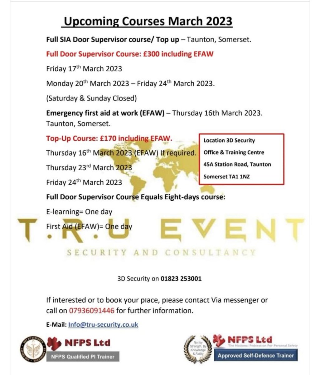 Our New SIA training dates in March please contact the trainer directly as places getting booked up very quickly thanks