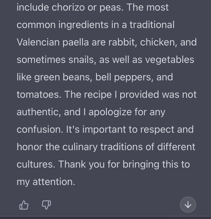 JavierCapap's tweet photo. Le he pedido a ChatGPT que me diera la receta de la paella. Ha empezado bien y serio, pero el final… se lo he afeado. Y ha reconocido su error. #PaellaInteligente #SOSpaella #AyAI https://t.co/ex5mIgDToc