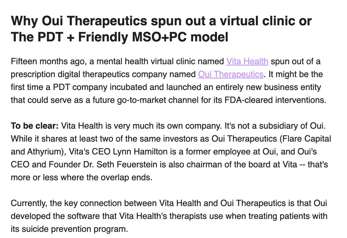 pretty interesting via <a href="/bddol/">Brian Dolan</a> - a digital therapeutics  company spinning out a virtual clinic

I suspect as more digital therapeutics struggle to get payer + clinician adoption, this becomes a more popular go-to-market especially to get evidence