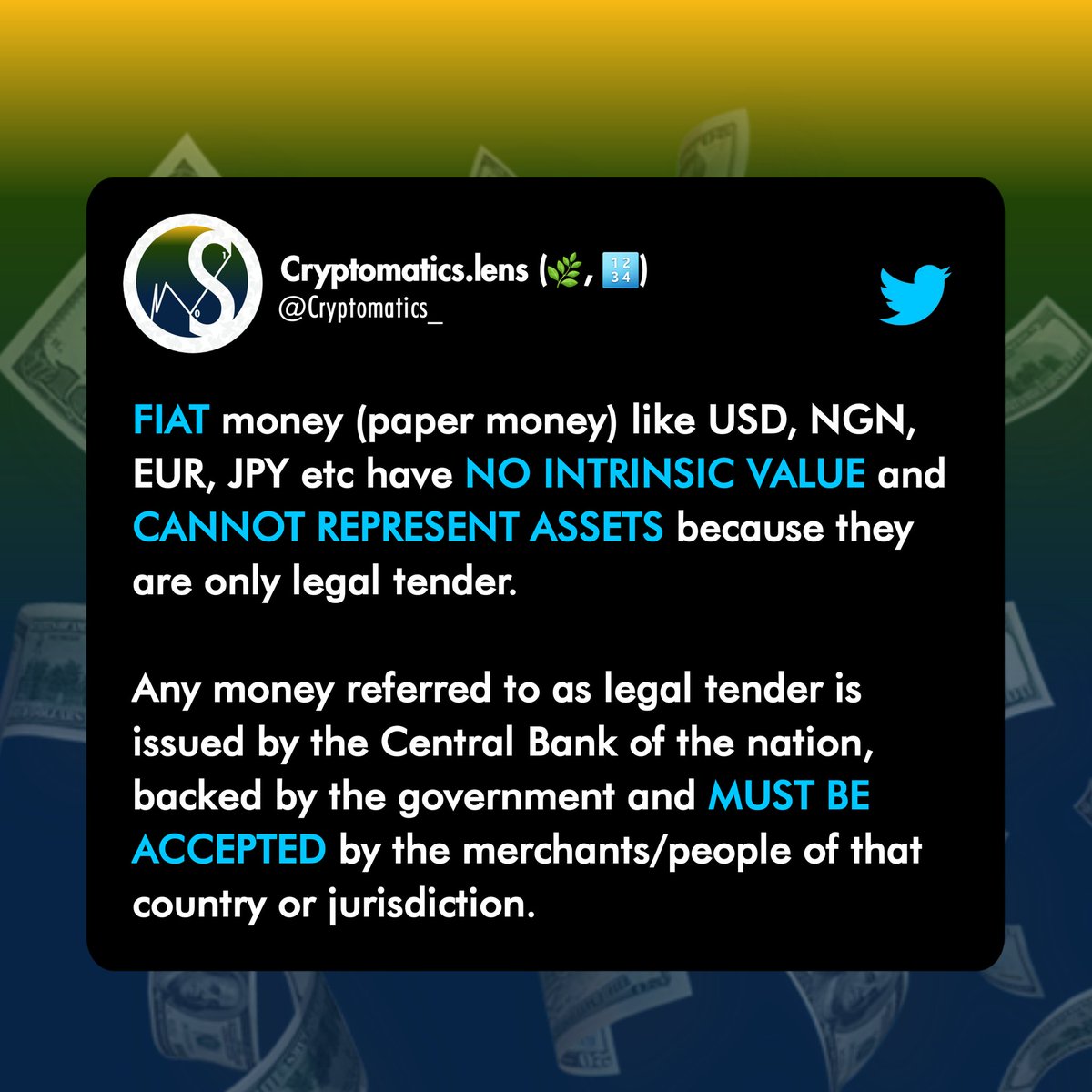 cryptomatics_'s tweet image. Fiat or #Bitcoin??

Retweet this post &amp;amp; FOLLOW us for more on Lens: ➡️ lenster.xyz/u/cryptomatics

#CrackTheCodes with @Cryptomatics_
#Crypto #Web3 #Blockchain #Bitcoin #Ethereum