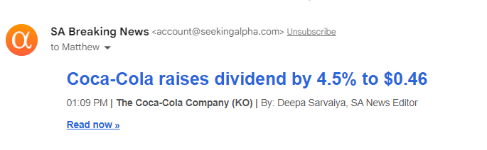 Love seeing #dividend increase from $KO!  Not only is this my top paying stock by dividend income, but it's #2 in overall value for my portfolio.  Long $KO