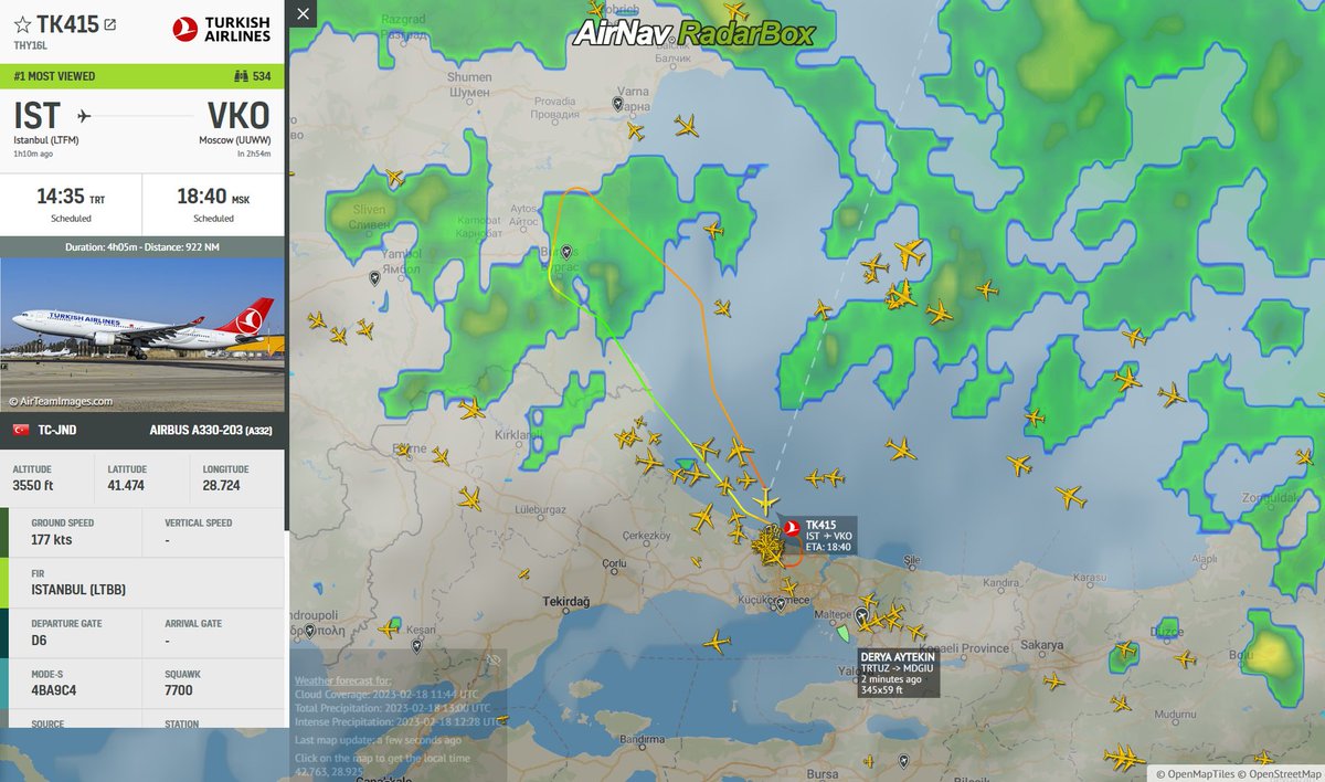AirNavRadar's tweet photo. 🚨Turkish Airlines flight #TK415 from Istanbul (IST) to Moscow (VKO) is declaring an emergency and returning to Istanbul: https://t.co/UljNh6FskZ✈️

#TurkishAirlines #FlightEmergency #Squawk7700 https://t.co/XjIe0zwl3C