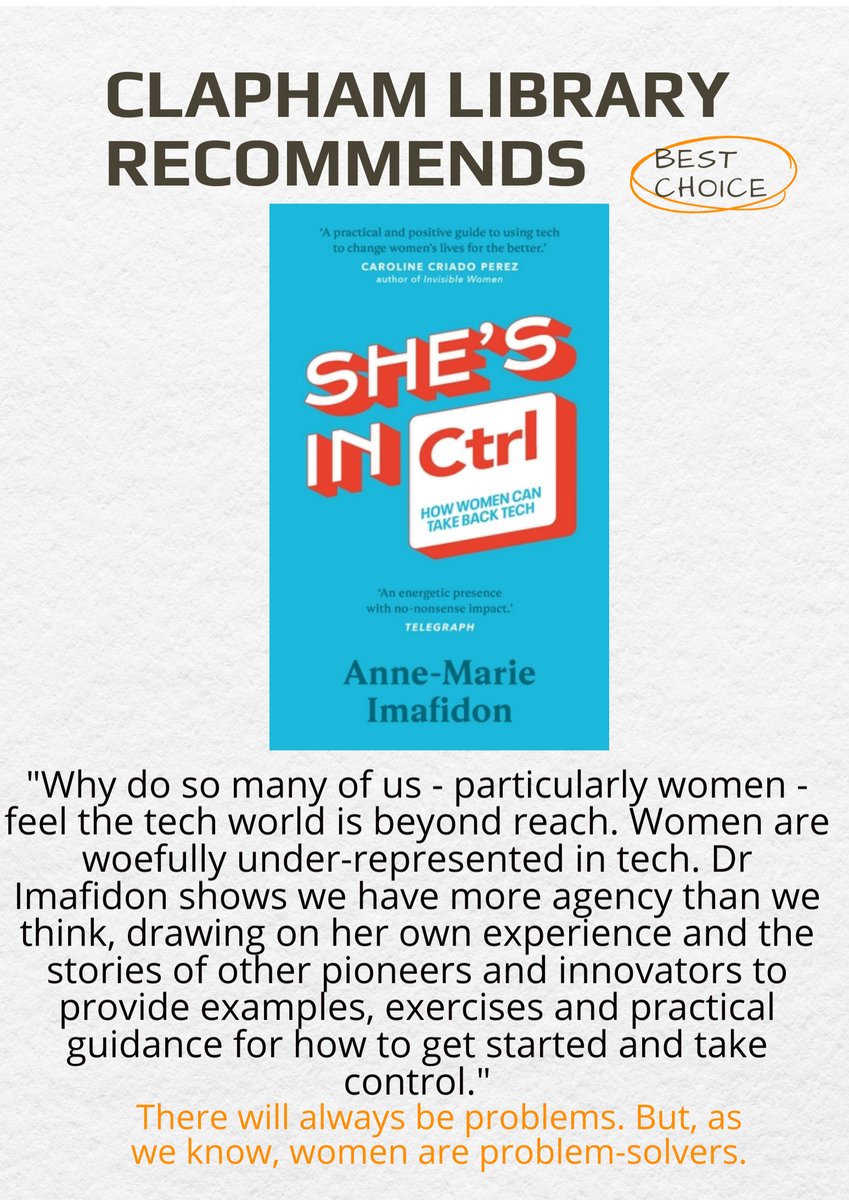 claphamlib's tweet photo. This month's non-fiction #libraryrecommends is 'She's in Ctrl' by @aimafidon a guide to understanding and interacting with STEM #booksareknowledge #womenintech @lambeth_council @lamlibs https://t.co/WIs45QGBnt