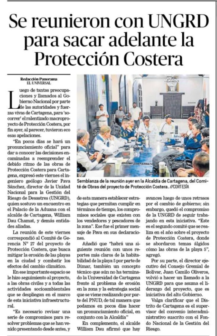 Reunirse para decir q en pocos días se hará un pronunciamiento oficial? Era lo que esperaba la ciudad ? 
Lo primordial es buscar mitigar la erosión costera?  Cuáles son 
los compromisos? Revisarlos y concretarlos .  Costo mucho esfuerzo conseguir los recursos no los dejen perder.