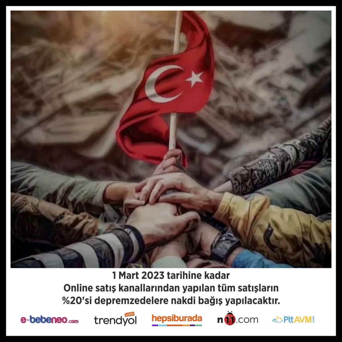Gün, birlik olma, hemdert olma, yaraları birlikte sarma günüdür. 1 Mart 2023’e kadar online satış kanallarımızda “BEBENEO” mağazasından yapılan tüm satışların %20’si nakdi bağış olarak depremzede kardeşlerimize gönderilecektir. 

#deprem #kahramanmaras #malatya #hatay #afet