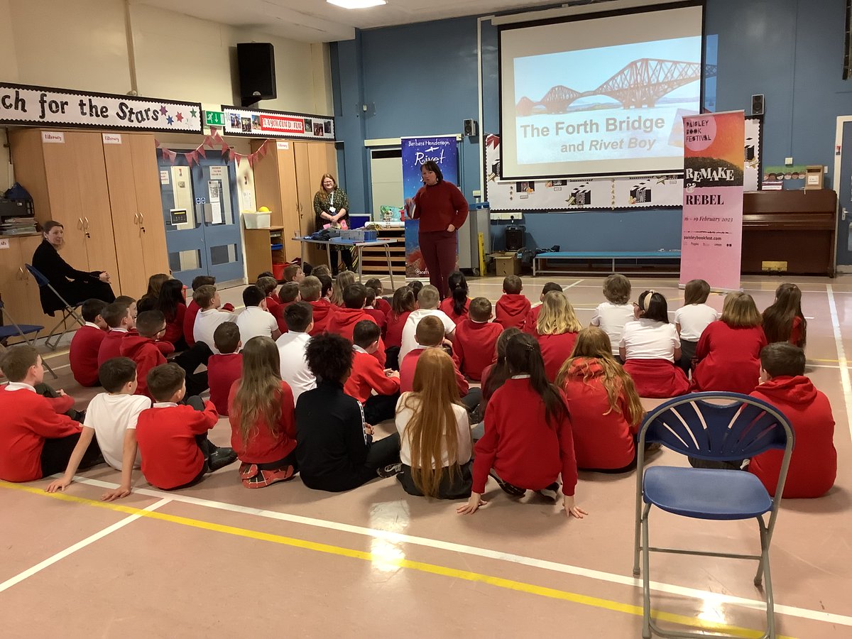 LangbankPrimary's tweet photo. Langbank Primary were delighted to have a visit from Barbara Henderson @scattyscribbler to tell us all about her new book, Rivet Boy.  The pupils were delighted to receive a copy of the book, #PaisleyBookFestival  #OneRen @AttainRen https://t.co/9ROsZdXX7P