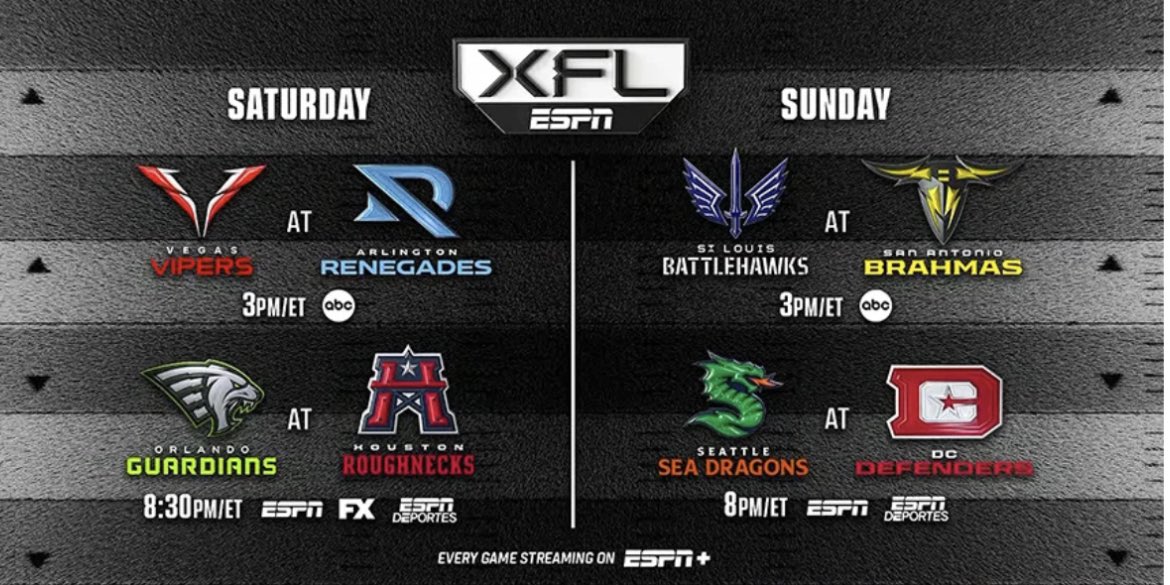 chris_leoni's tweet photo. XFL Debuts today on ABC, ESPN, &amp; FX! #Week1 #VipersvsRenegades #GuardiansvsRoughnecks #FortheLoveofFootball https://t.co/QOtrVmq73f