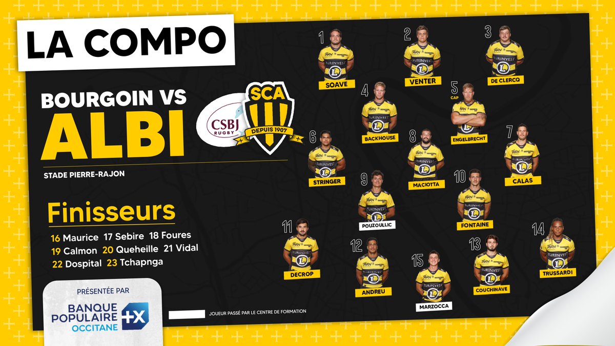 SCA_OFFICIEL's tweet photo. 𝗟𝗔 𝗖𝗢𝗠𝗣𝗢🐝
Voici nos 23 joueurs qui défieront le CSBJ Rugby - Officiel dans 1h30 ! Jacques Engelbrecht sera le capitaine Albigeois aujourd'hui 🔥
La composition vous est présentée par la Banque Populaire Occitane
#CSBJSCA https://t.co/RJzHyl5F07