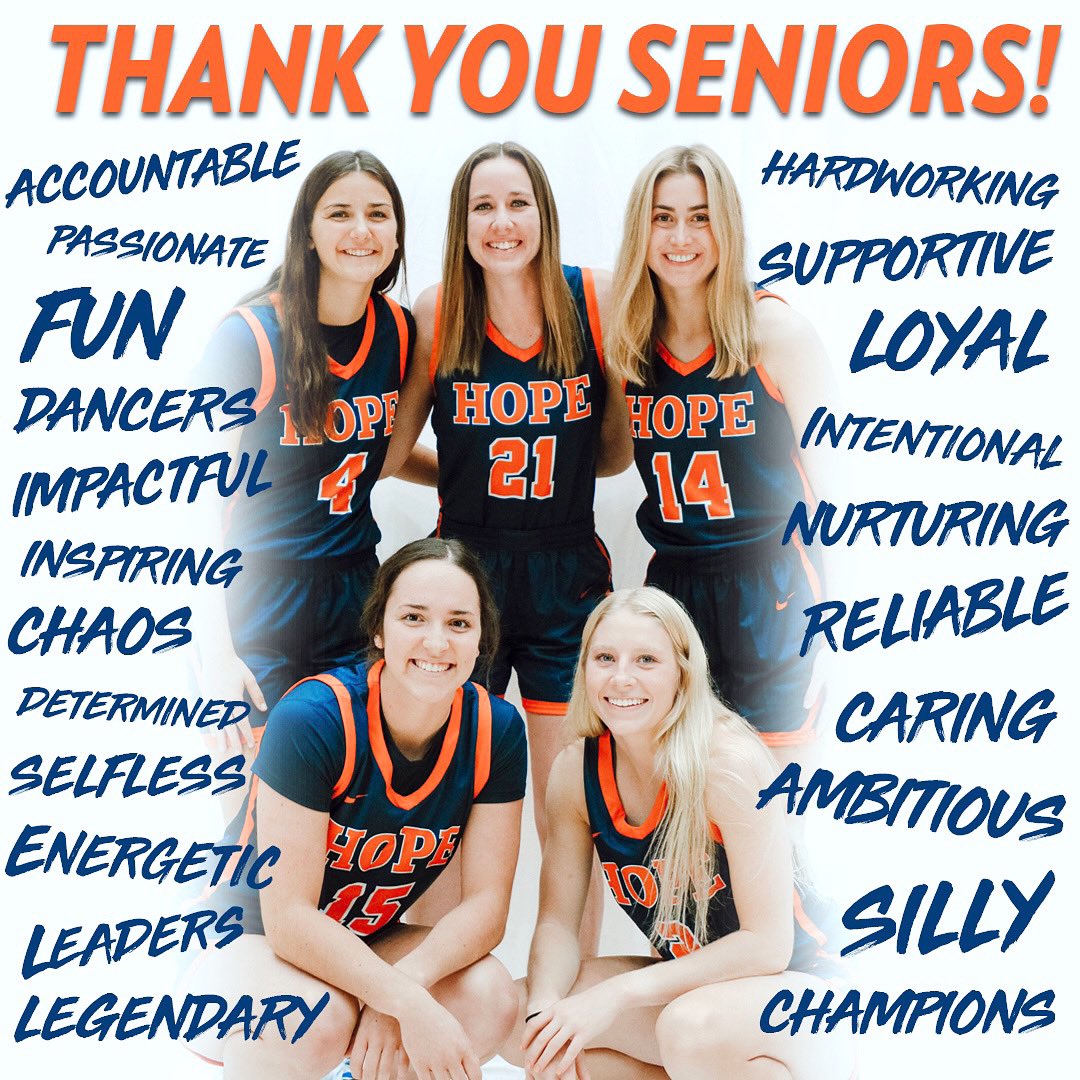 WE LOVE OUR SENIORS! 🤍🧡💙 These are words their teammates used to describe them & we can’t wait to celebrate them ALL DAY today! Make sure to be at Devos by 12:45pm for our senior day ceremony! #GoHope | #WELoveOurSeniors