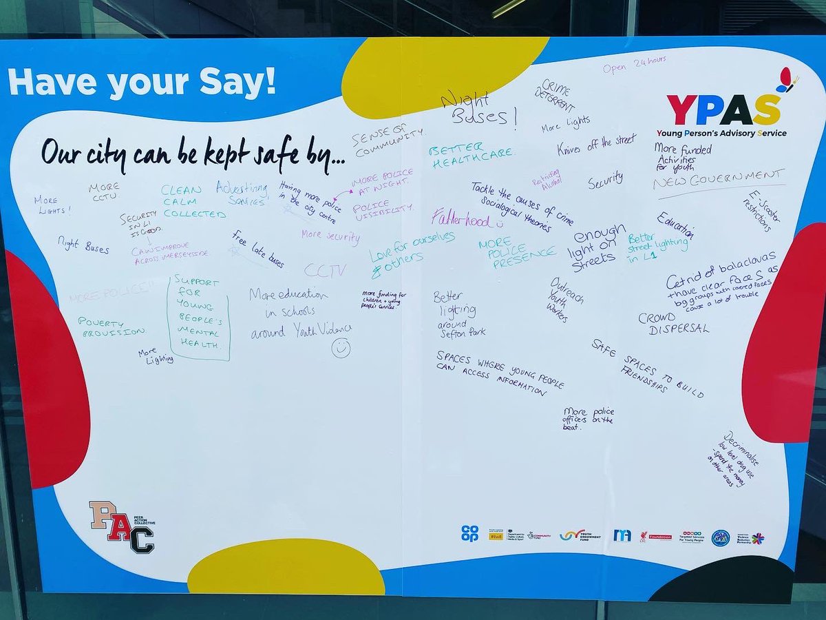 YPASLiverpool's tweet photo. We are here today @liverpool_oneofficial with our PAC team inviting members of the public to tell us how they think we can keep our city safe. #peeractioncollective #forsaferfairercommunities #pacmerseyside #ourcity #ypasliverpool #liverpoolcamhs @merseysidevrp @liverpoolscp https://t.co/Ed6a0CR8dP