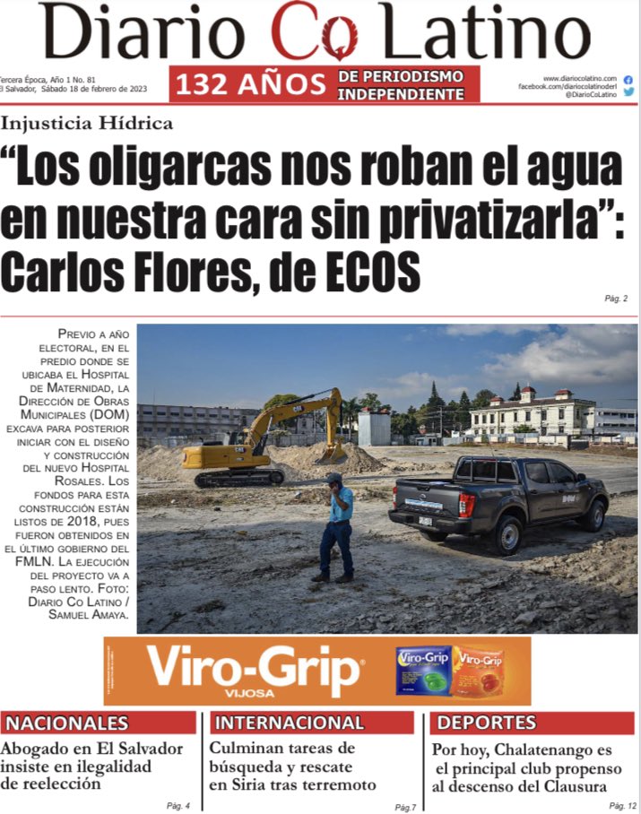 #DiarioCoLatino | "Los oligarcas nos roban el agua en nuestra cara sin privatizarla": Carlos Flores de ECOS.
   
¡Buenos días!, compartimos nuestra portada de hoy, 18 de febrero de 2023. 

Visita nuestra versión epaper o nuestra página web: diariocolatino.com